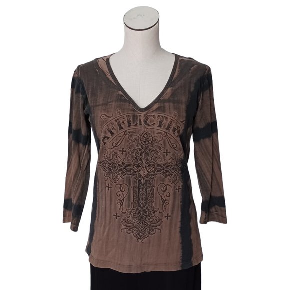 AFFLICTION • Small beaded shirt v-neck tie dye cross lace crochet accent women's - Picture 1 of 10